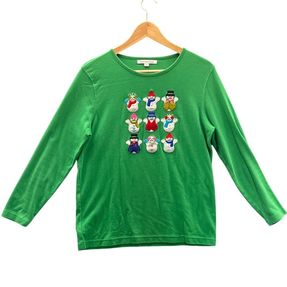 Mercer Street Studio Vintage Green Long Sleeve Snowman Christmas Shirt Women M
